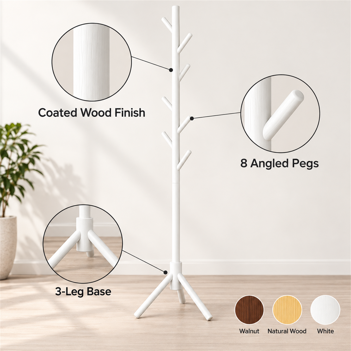 Modern Solid Wood Standing Coat Rack with Tripod Base