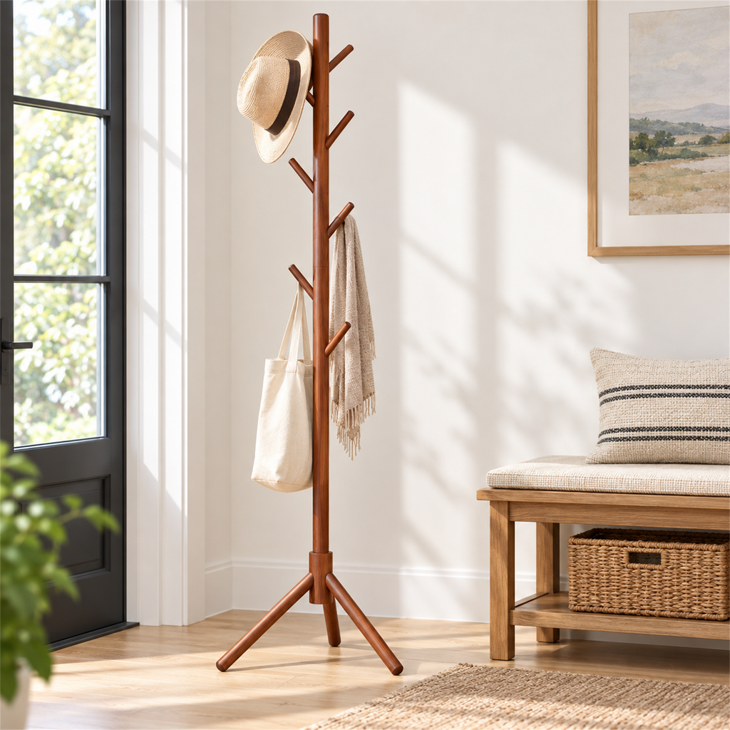 Modern Solid Wood Standing Coat Rack with Tripod Base