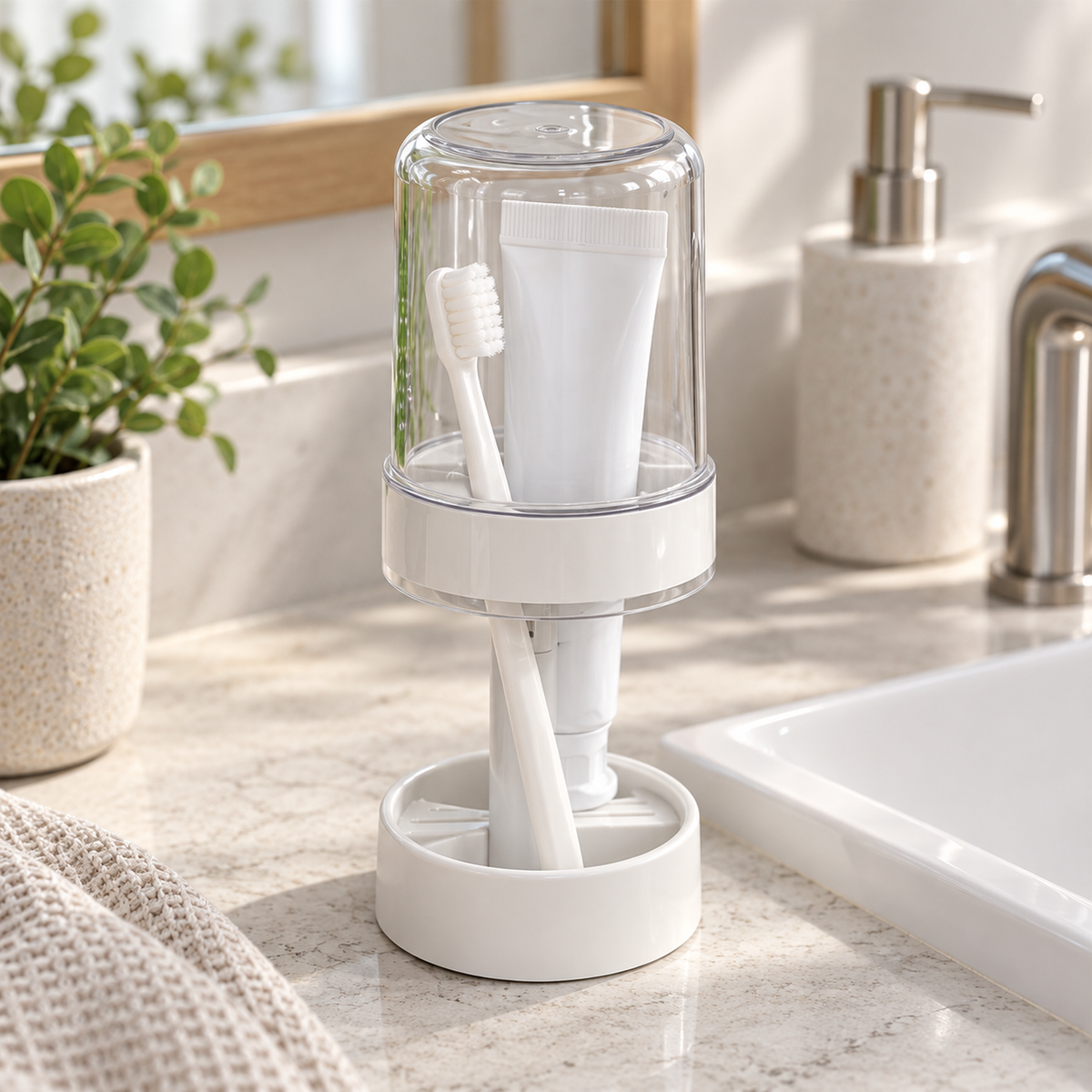 Covered Toothbrush Organizer with Rinse Cup