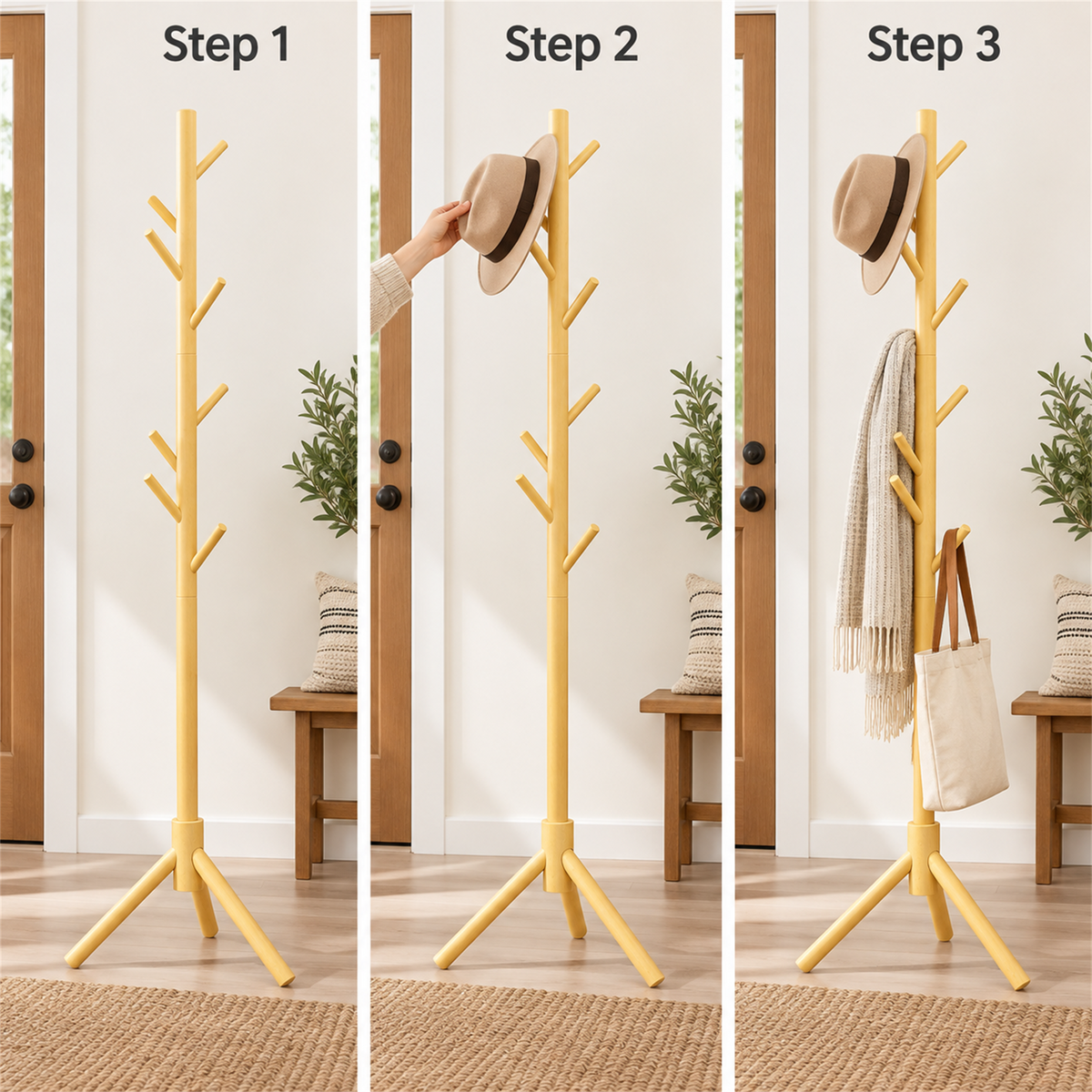 Modern Solid Wood Standing Coat Rack with Tripod Base