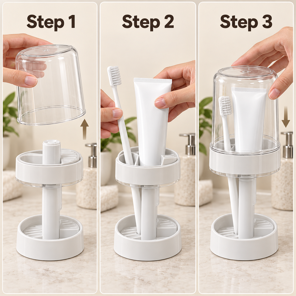 Covered Toothbrush Organizer with Rinse Cup