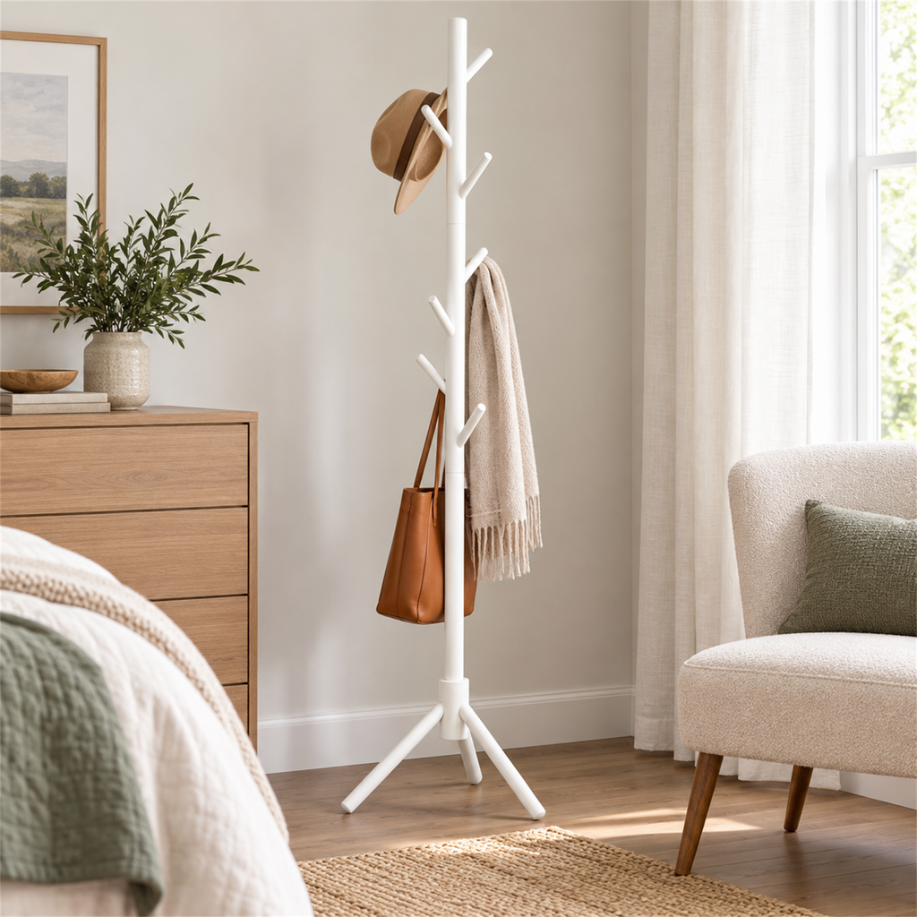 Modern Solid Wood Standing Coat Rack with Tripod Base