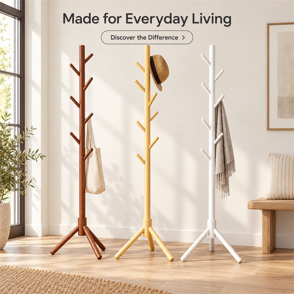 Modern Solid Wood Standing Coat Rack with Tripod Base