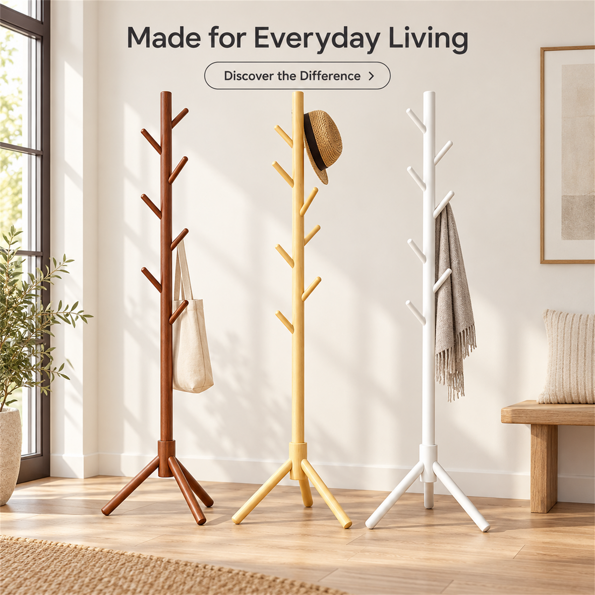 Modern Solid Wood Standing Coat Rack with Tripod Base