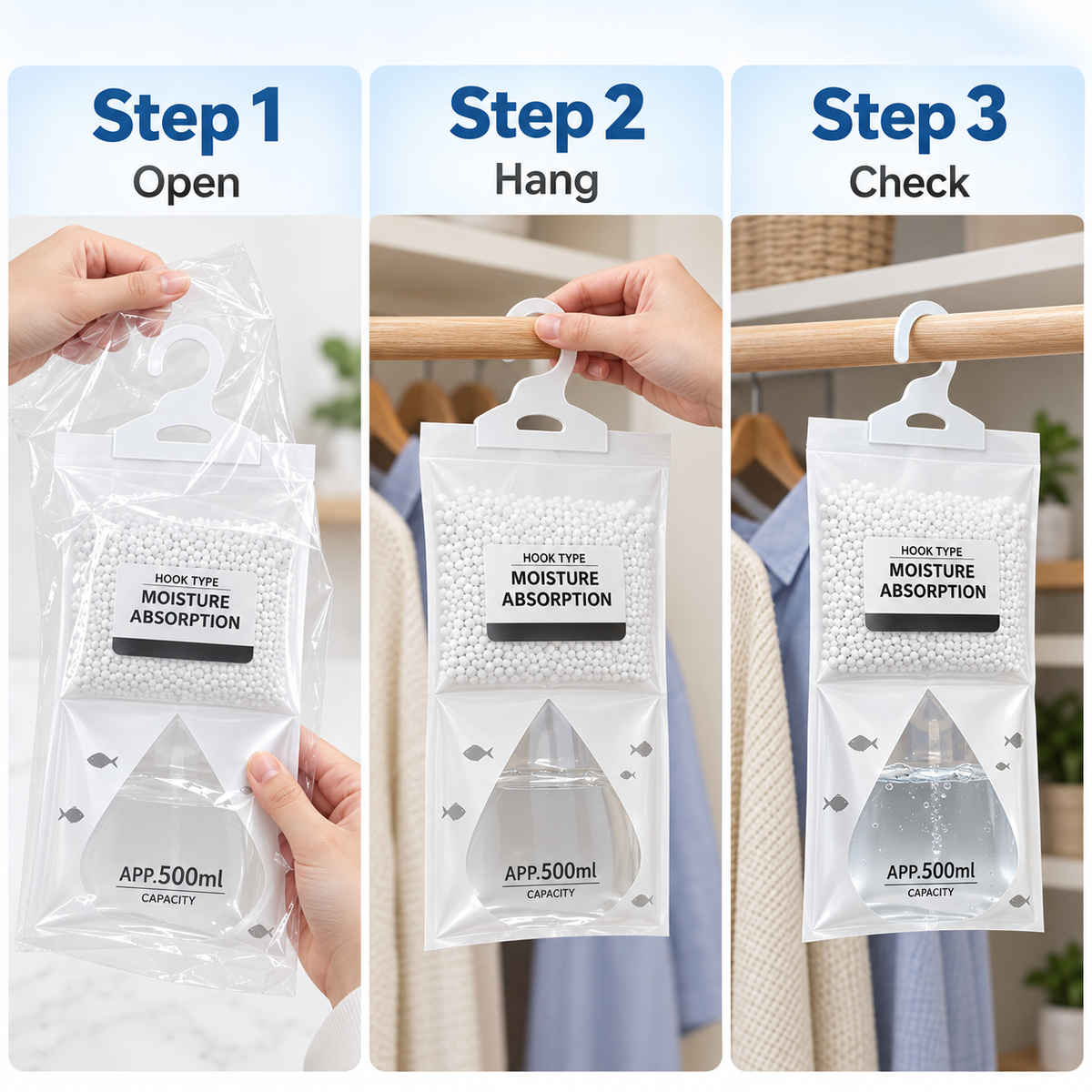Hanging Moisture Absorber Bag – 50g Closet & Dorm Dehumidifier