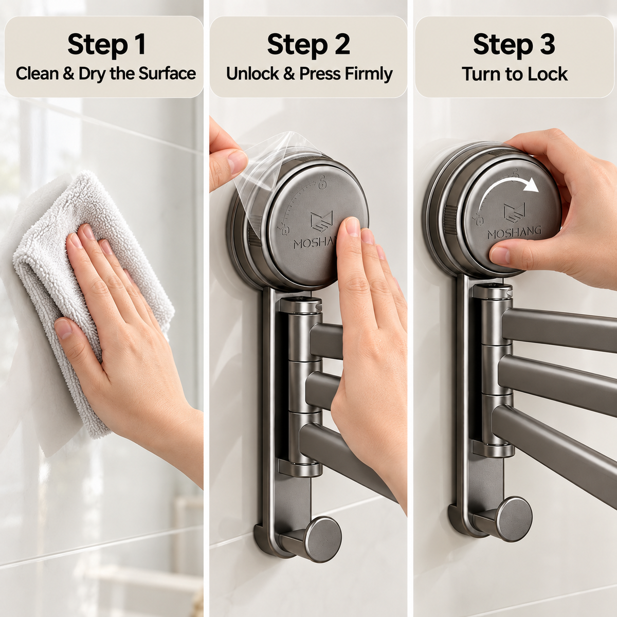 3-Arm Rotating Suction Towel Rack with Hook