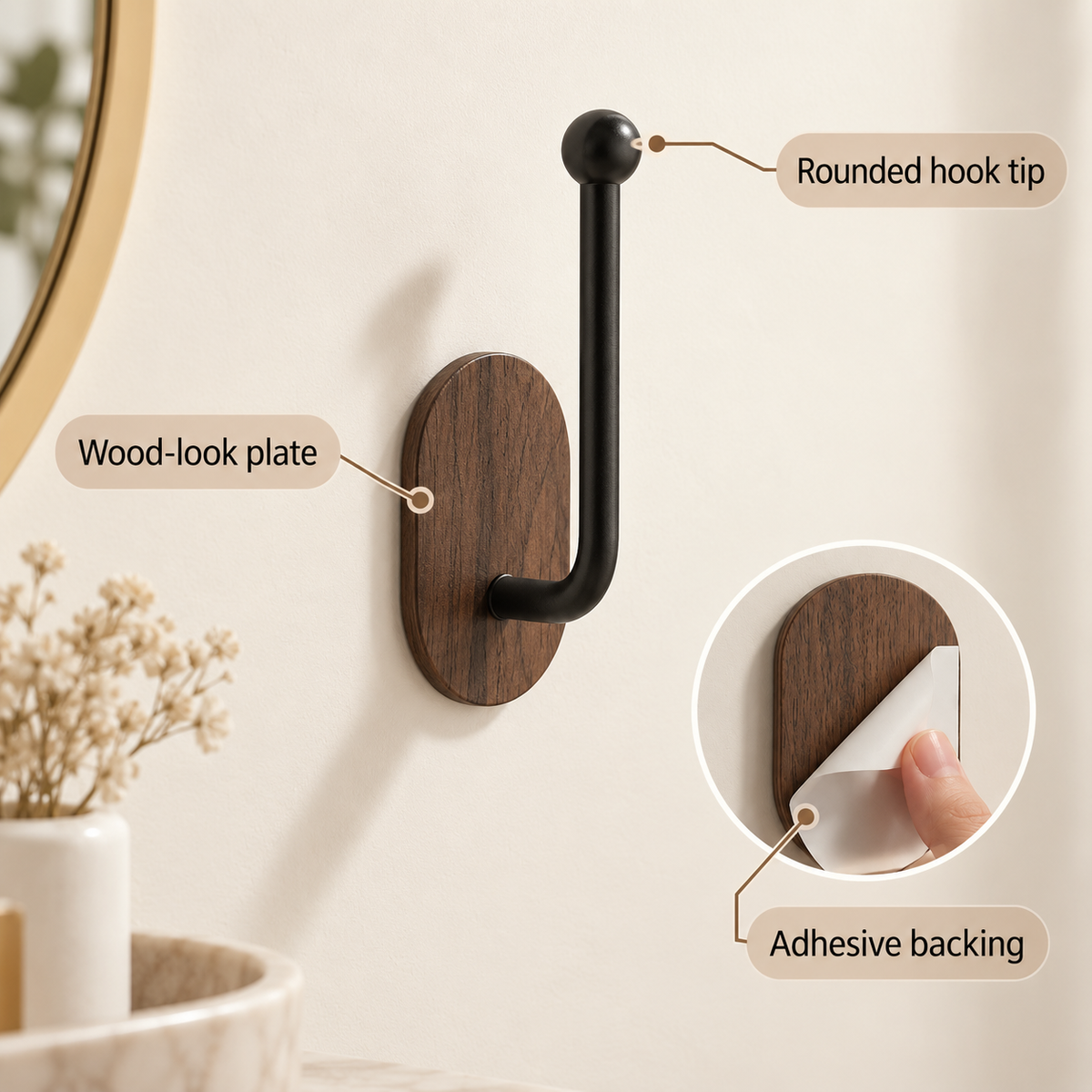No-Drill Hair Accessory Wall Organizer – Walnut Look