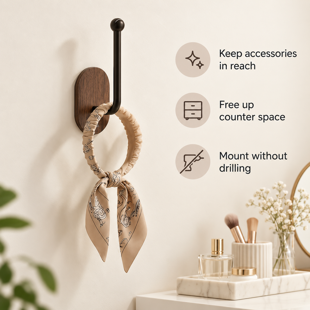 No-Drill Hair Accessory Wall Organizer – Walnut Look